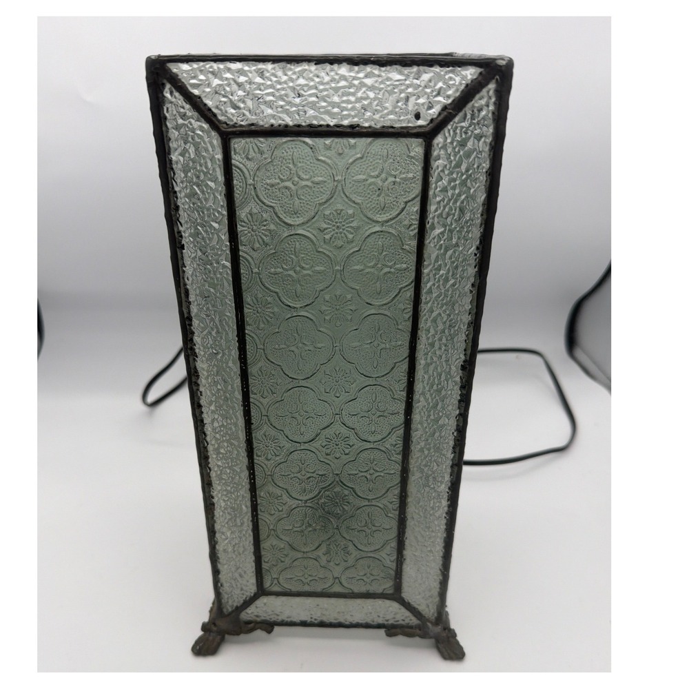 Vintage Stained Glass Panel Accent Lamp Square Tall Pressed Floral Medallion